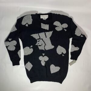 Vintage Adrienne Vittadini Sport Playing Card Sweater Womens M Black Silver